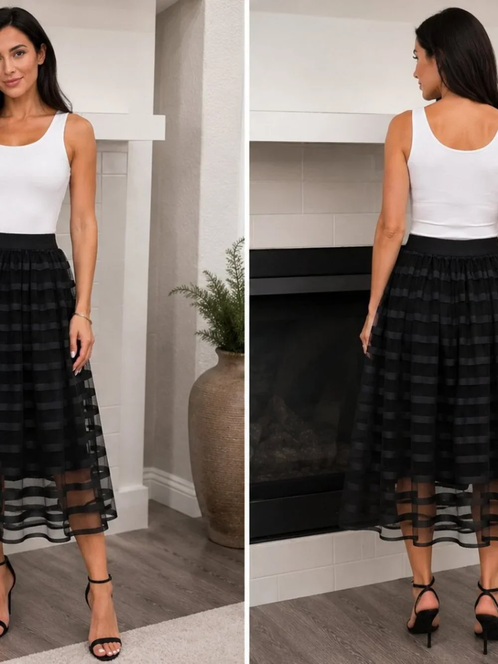 MettaLavor Black Sheer Striped Tulle Midi Skirt